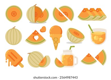 Set of orange Cantaloupe, Farm fresh Melon product emblem for grocery shop, collection of ice cream, Juice jar, glass of juice, ice cream cone and stick, simple flat vector illustration of fruits.