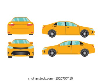 Set of orange car view on white backgruond,illustration vector,Side, front, back,Business sedan isolated