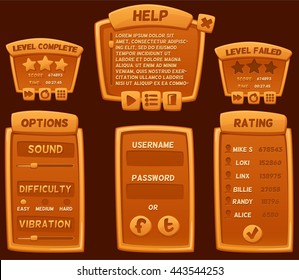 Set of orange cartoon boards and buttons for casual games. Graphic user interface, vector illustration. 
