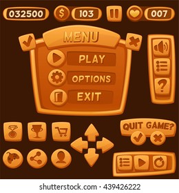 Set of orange cartoon buttons for casual games. Graphic user interface, vector illustration.