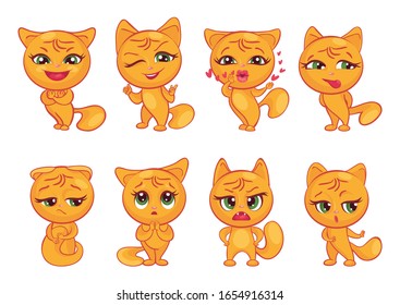 SET OF ORANGE CAT CHARACTERS, EXPRESSING DIFFERENT EMOTIONS: JOY, OK, LOVE, CRAFTINESS, OFFENCE, REPENTANCE, ANGER, NEGATIVITY