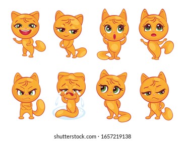 SET OF ORANGE CAT CHARACTERS, EXPRESSING DIFFERENT EMOTIONS: FUN, COQUETRY, SURPRISE, PERPLEXITY, ANGER, TEARS, DOUBT, CONTEMPT