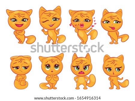 SET OF ORANGE CAT CHARACTERS, EXPRESSING DIFFERENT EMOTIONS: JOY, OK, LOVE, CRAFTINESS, OFFENCE, REPENTANCE, ANGER, NEGATIVITY