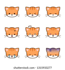 Set of orange cat emoticons with different expressions. Emoji faces. Simple cartoon vector illustration