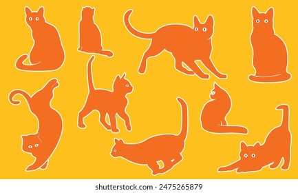 Set Orange Cats. cat silhouette vector illustration collection. Orange silhouette on a white background showing various cat poses. ideal for pet themed designs