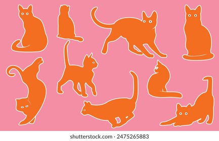 Set Orange Cats. cat silhouette vector illustration collection. Orange silhouette on a white background showing various cat poses. ideal for pet themed designs