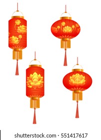 A set of orange Chinese Lanterns. lotus bud. Round and cylindrical shape. Isolated on white background. Vector illustration