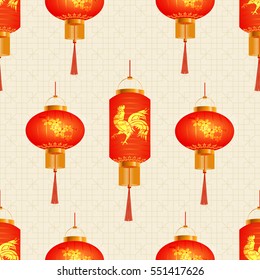 A set of orange Chinese Lanterns. Sakura and the golden cock. Round and cylindrical shape. Seamless background on the texture. Vector illustration