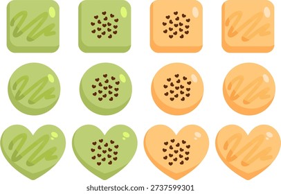 a set of Orange Citrus Matcha Green Dark Chocolate Sprinkle Bites Milk Heart Love Drizzle Dark Desserts Illustration Vector Clip Art
