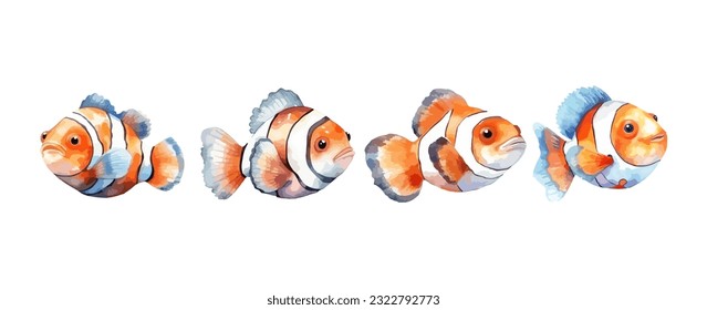 Conjunto de acuarela de peces payaso de color naranja aislada en un fondo blanco. Ilustración del vector