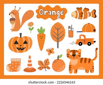 Set of orange color objects. Primary colors flashcard with orange elements. Learning colors for kids. Vector illustration