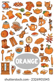 Set of orange color objects. Visual dictionary for children about the basic colors. Vertical cartoon sheet with isolated images to learning for kindergarten and preschool learning