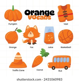 Set of orange color objects vocabulary collection, Learning colors for kids. Worksheet for children, preschool. education of children, flashcards with colors, Primary colors flashcard.