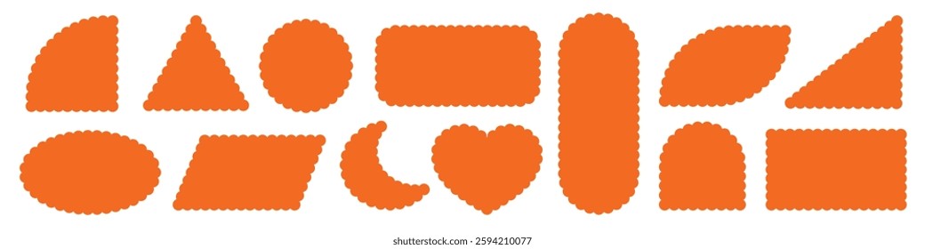 Set of orange colored scalloped shapes, frames, banners vector elements