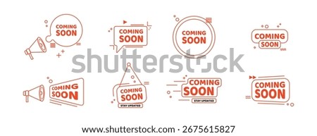 Set of orange coming soon badges with megaphone speech bubbles circles and rounded frames. Clean outline style announcement kit 