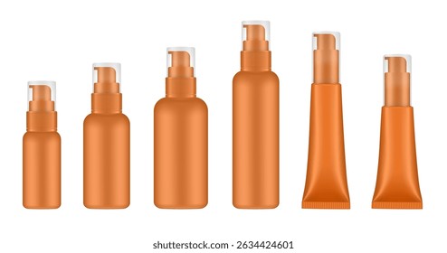 Conjunto de garrafas e tubos de cosméticos laranja com bomba. Dispensador de sabão ou loção. Recipientes de plástico para cosméticos. Soro ou gel