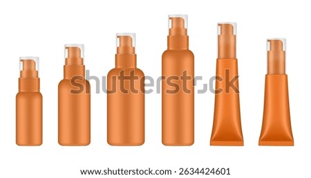 Set of orange cosmetic bottles and tubes with pump. Dispenser for soap or lotion. Plastic cosmetic containers. Serum or gel