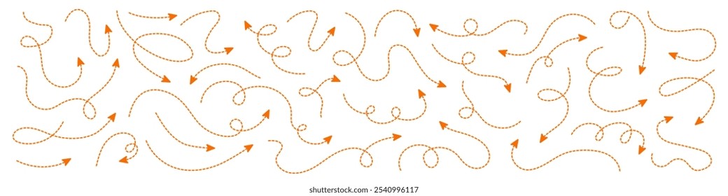 Conjunto de setas laranja traço linha. Linha tracejada mão rabisco desenhado curvo vetor setas ícones