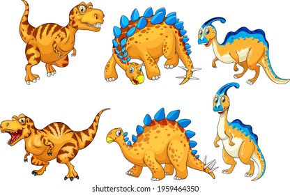 Set of orange dinosaur cartoon character illustration