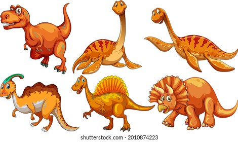 Set of orange dinosaur cartoon character illustration