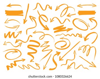 Set of orange drawing Arrows. Vector Illustration and abstract elements.