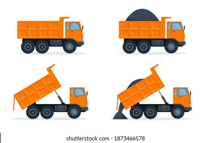 Set of orange dump trucks with closed and open body. Vector illustration on white background.