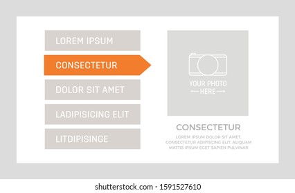Set of orange elements for infographic presentation slides with charts, graphs, photo frames, steps, arrows.