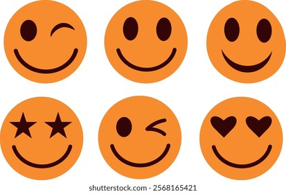 Set of orange emoticons icons featuring happy smiling faces and winking faces. For stickers and social media 