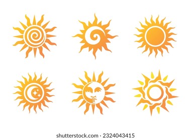 Set of orange engraved suns