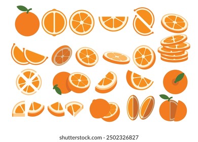 Set of Orange, Farm fresh Orange product emblem for grocery shop, Slides, long and cross sections, and different positions, simple flat vector illustration of vegetables and fruits.