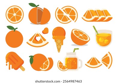 Set of Orange, Farm fresh Orange product emblem for grocery shop, collection of ice cream, Juice jar, glass of juice, ice cream cone and stick, simple flat vector illustration of fruits.