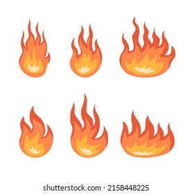 Set of orange fire flame icon. Symbol of bonfire, fire, danger warning. Design element, pictogram. Flat vector illustration isolated on white background