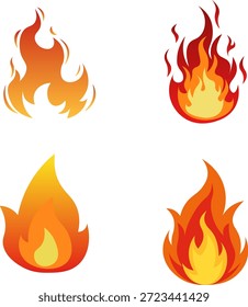 Conjunto de ícones de chama de fogo laranja e ilustrações de vetor de chamas com elementos de queima quente e designs de chamas para símbolos de energia e perigo