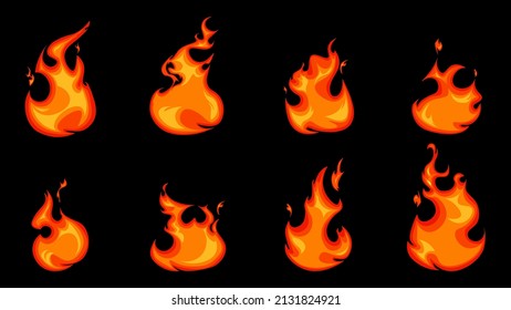 Set of orange fires on black background. Variety vector fires in flat style.