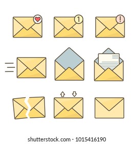 Set of orange flat envelopes with message signs. Close and opened vector mail symbols with letter, notification, download, send, heart signs for mobile app design
