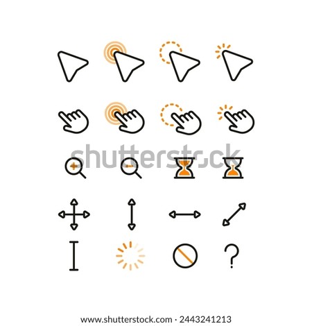 A set of orange flat simple cursor icons. Minimalistic flat mouse cursor, pointer, hand, zoom in, zoom out.