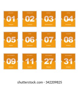 Set of orange flipped calendar icon in flat style for web syte design