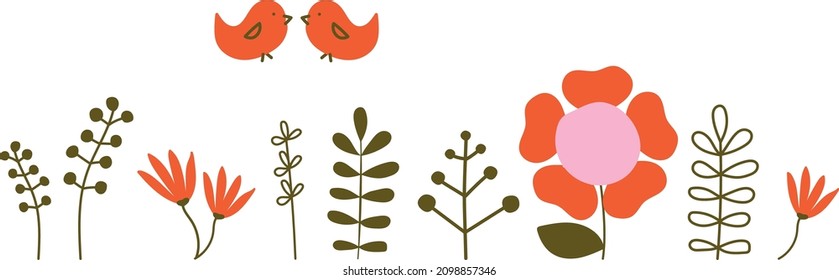 Set of orange Flowers and Branch. Hand drawing style. Sweet collection