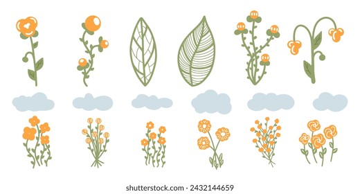 Set of orange flowers with vintage leaves from spring and summer collection. Variety of orange flowers with stems and clouds in vintage style. Objects isolated on white background.