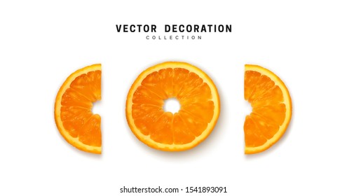 Set of orange fresh ripe, slices flat view. half cut orange. Realistic vector isolated on white background.
