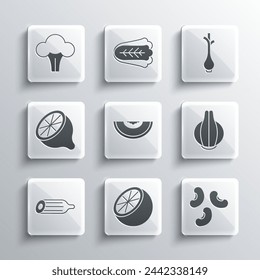 Set Orange fruit, Beans, Onion, Melon, Fresh cucumber, Lemon, Broccoli and green onions icon. Vector