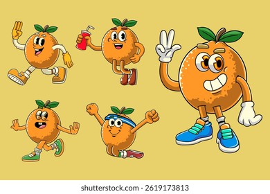 Set of Orange Fruit Cartoon Characters in Retro Vintage Style
