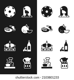 Set Orange fruit, Churros and chocolate, Football ball, Spanish woman, Crown of spain, Bottle olive oil, Sangria pitcher and cook icon. Vector