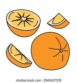 Set mit orangefarbenen Früchten flach Symbol. Ganze und geschnittene gelbe Zitrusfrüchte. Cartoon-Stil. Vektorgrafik