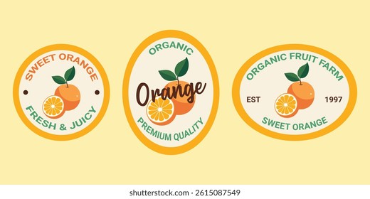 Set of orange fruit label stickers featuring a variety of designs with vibrant, fresh orange illustrations.