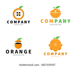 Set of Orange Fruit Logo. Orange Button, City, Gear, Home Logo Concept. Vector Design Illustration.