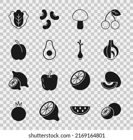 Set Orange fruit, Melon, Onion, Mushroom, Avocado, Plum, Cabbage and Fresh green onions icon. Vector