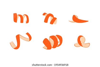 Set of orange fruit peel. Collection of tangerine zest for cocktails. Collection of Ribbon cut citrus peel. Mandarin, lemon, grapefruit or kumquat skin. Vector illustration on white background.