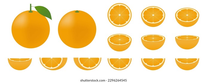 Set of Orange fruit and Piece of Sliced Orange. Vector Illustration Isolated on White Background.