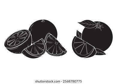 Set of orange fruit silhouettes and orange slices